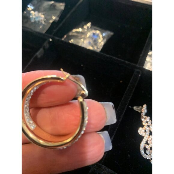 Gold-Tone Hoop Earrings With Clear Rhinestones & Clip Closure - Picture 3 of 4